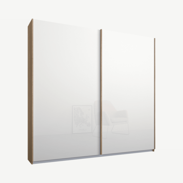 Malix tweedeurs kledingkast met schuifdeuren, 181 cm, eiken frame, witte glazen deuren, standaard interieur