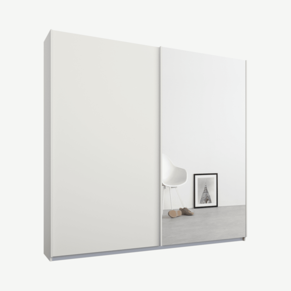 Malix tweedeurs kledingkast met schuifdeuren, 181 cm, wit frame, matwit en spiegeldeuren, premium interieur
