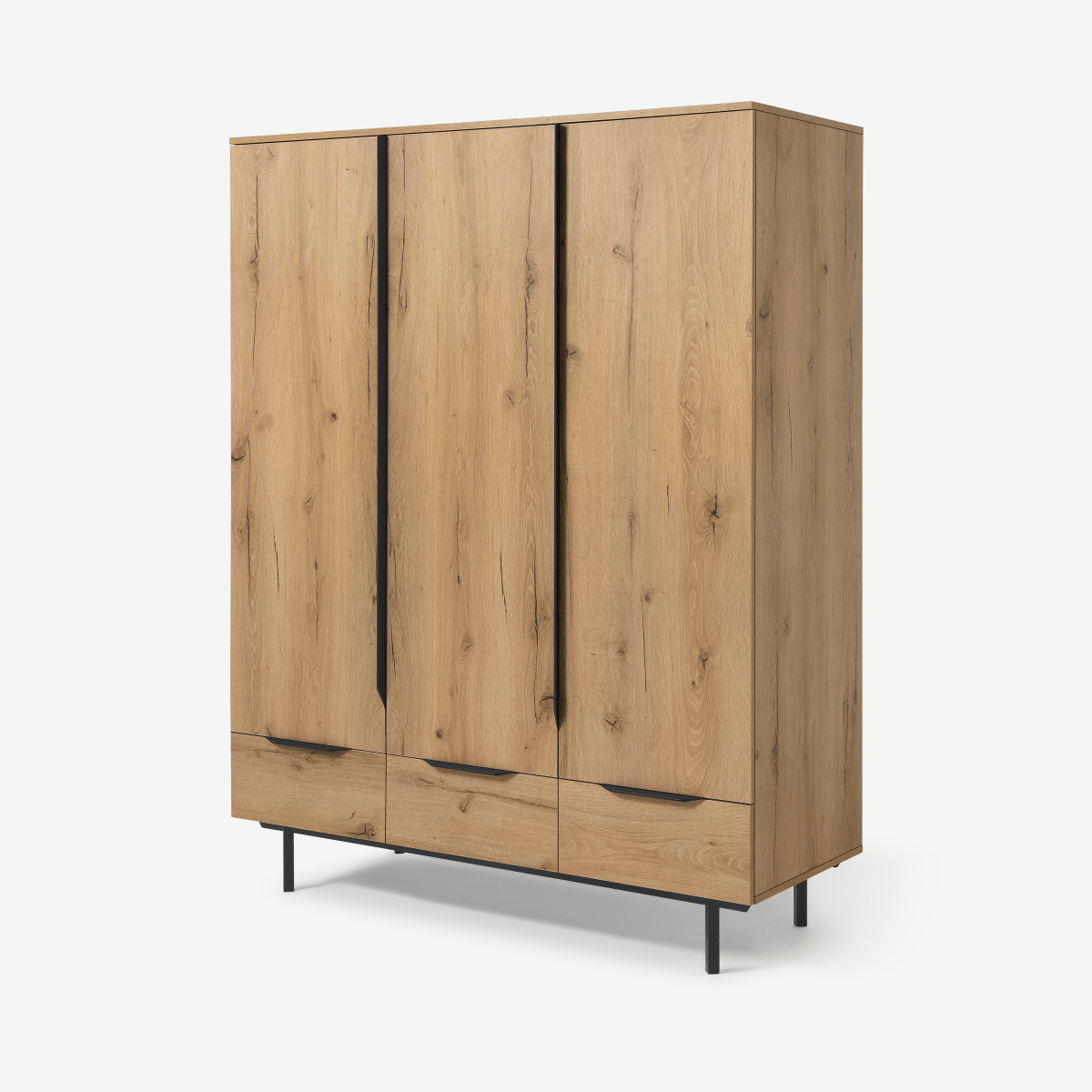f388b88097ad3ce0567cabe8e8f6b13fbbcb2568_WRDDOL027OAK_UK_Damien_Triple_Wardrobe_Oak_Black_ar1_1_LB01_PS.png Damien kledingkast, driedeurs, versleten eiken en zwart