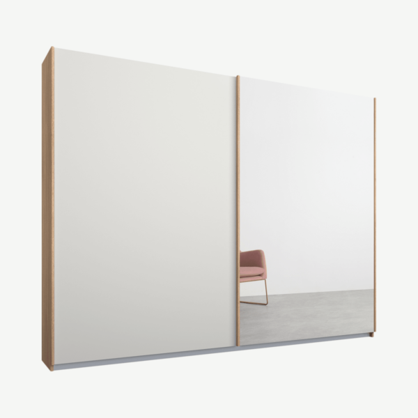 Malix kledingkast met 2 schuifdeuren, 225 cm, eiken frame, mat wit en spiegeldeuren, standaard binnenkant