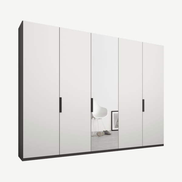 Caren Malix kledingkast met 5 deuren, 250 cm, grafietgrijs frame, mat wit en spiegeldeuren, standaard
