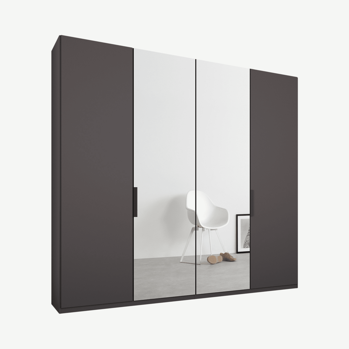 fdd5bf3d0e6a3af76987214f4c95253bc225e377_WDICAR085WMR_UK_Caren_4_door_200cm_Hinged_Wardrobe_Graphite_Grey_Frame_matte_Graphite_Grey_Mirr.png Caren Malix kledingkast met 4 deuren, 200 cm, grafietgrijs frame, mat grafietgrijs en spiegeldeuren, standaard