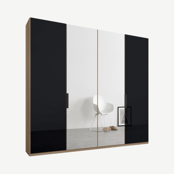Caren Malix kledingkast met 4 deuren, 200 cm, eiken frame, basaltgrijs glas en spiegels, standaard